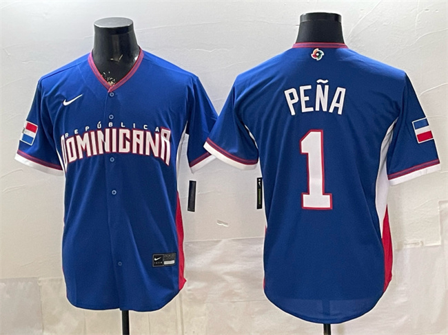Men's Dominican Republic Baseball #1 Jeremy Peña Royal 2026 World Baseball Classic Road Stadium Stitched Jersey
